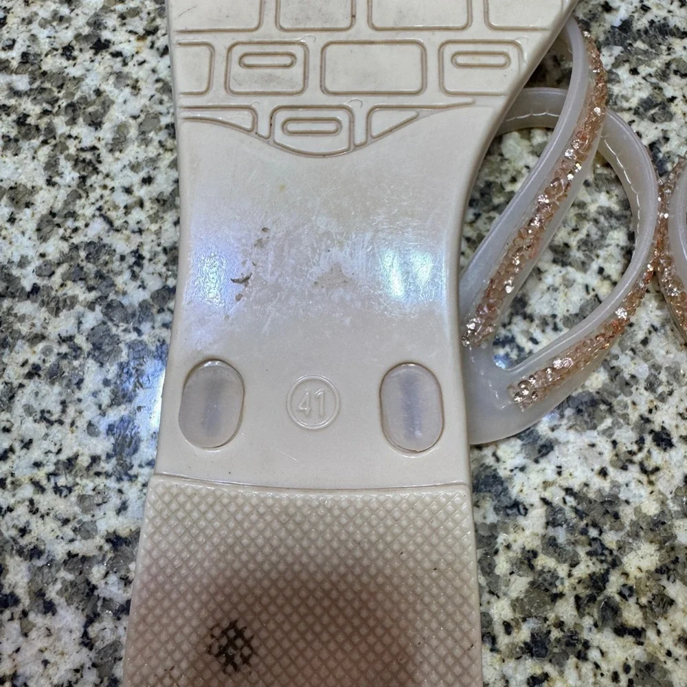 BTW Women Cream Jelly Slide Sandals Gold Glitter Asymmetrical‎ Straps Size 41